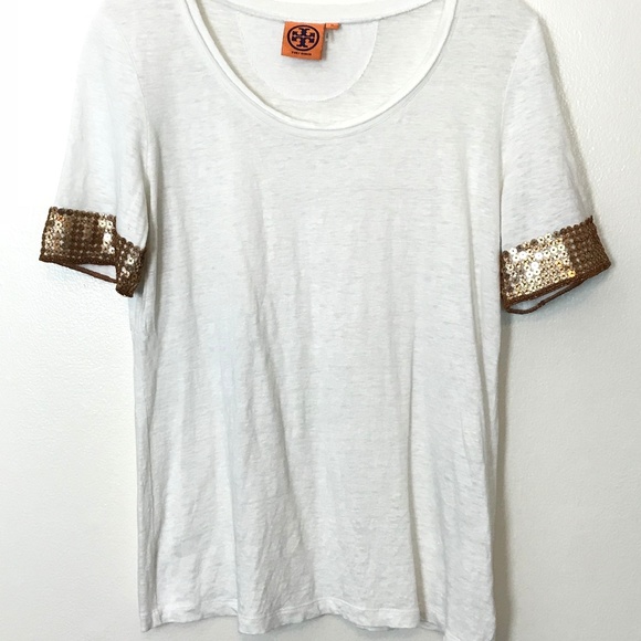 Tory Burch Tops - Tory Burch Linen White Sequin sleeve T shirt M